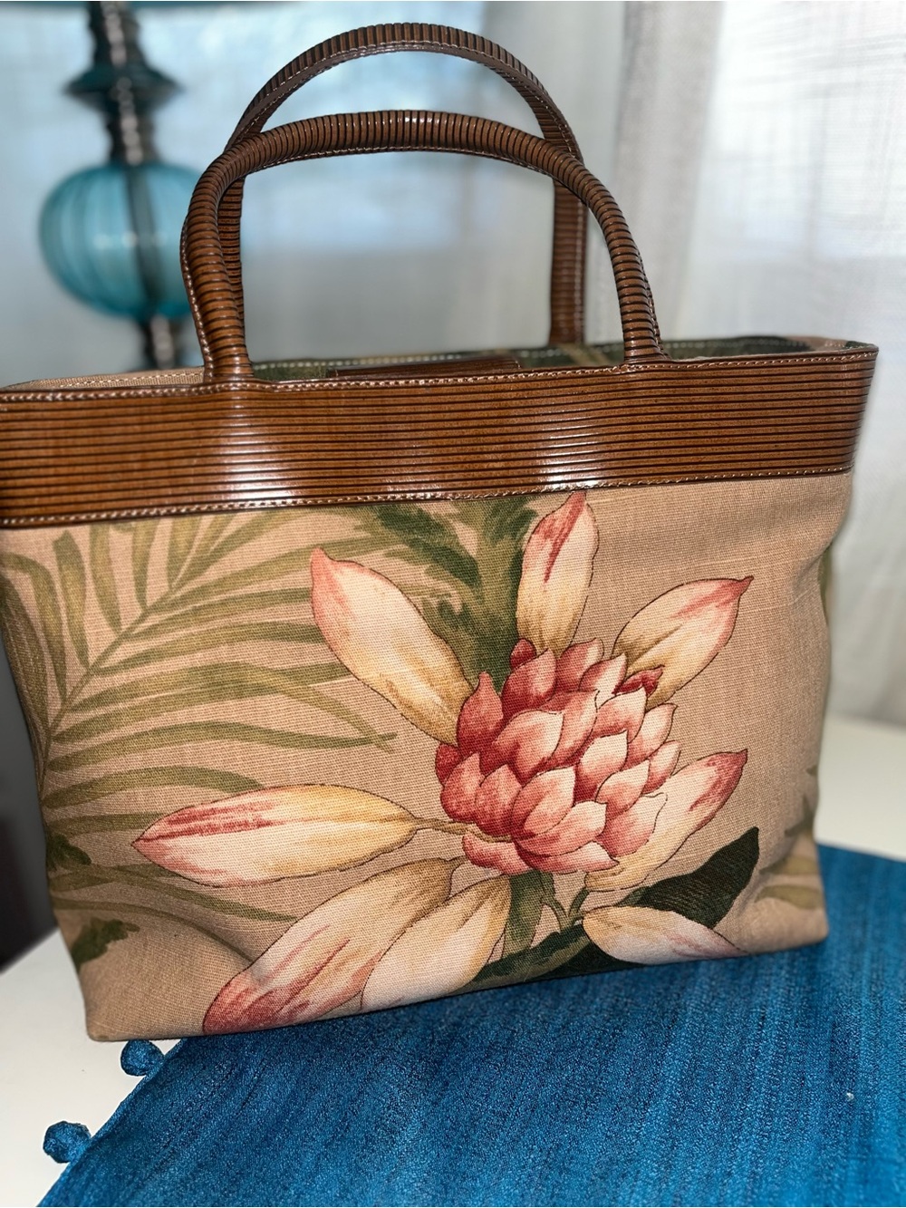 Carolee Leather Floral Linen Tote Bag with Brown Leather Trim